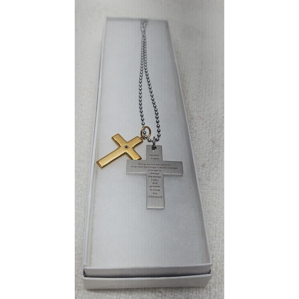 Stainless Steel Double Cross Serenity Prayer Necklace - Picture 4 of 8